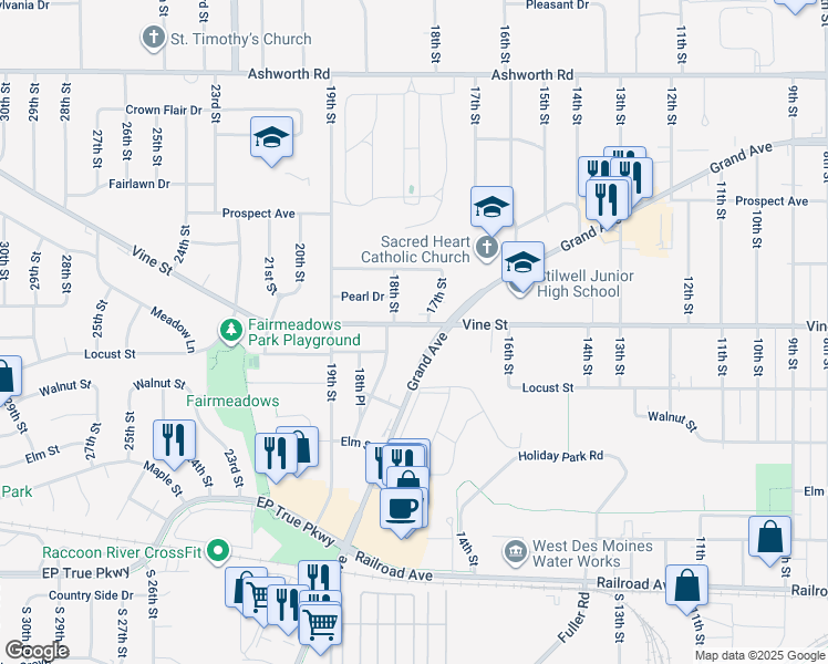 map of restaurants, bars, coffee shops, grocery stores, and more near 1708 Vine Street in West Des Moines