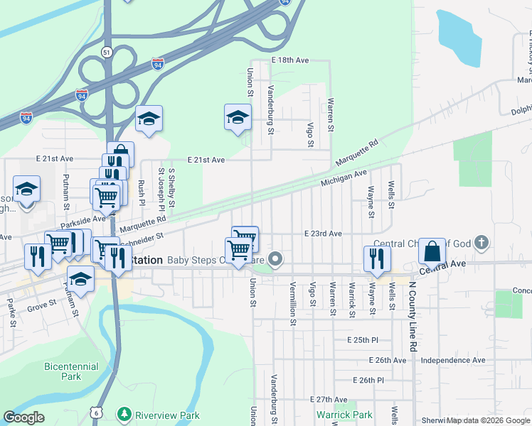 map of restaurants, bars, coffee shops, grocery stores, and more near 2238 Vanderburg St in Lake Station