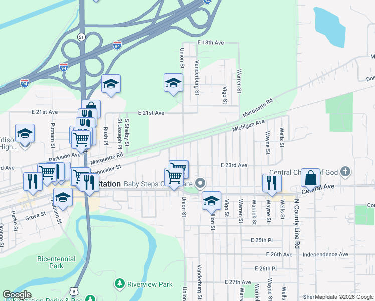 map of restaurants, bars, coffee shops, grocery stores, and more near 2238 Vanderburg St in Lake Station