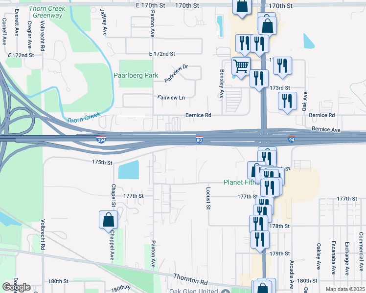 map of restaurants, bars, coffee shops, grocery stores, and more near 2150 175th Street in Lansing