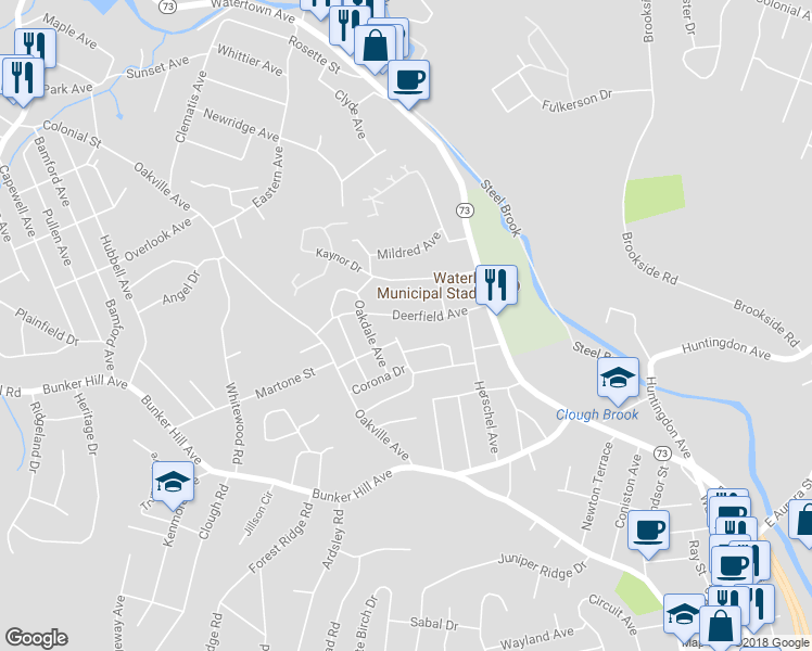 map of restaurants, bars, coffee shops, grocery stores, and more near 87 Deerfield Avenue in Waterbury