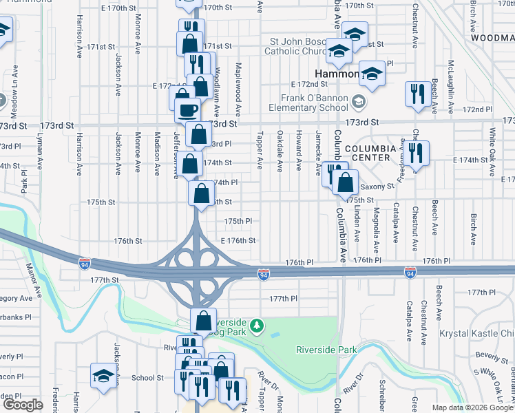 map of restaurants, bars, coffee shops, grocery stores, and more near 936 175th Street in Hammond