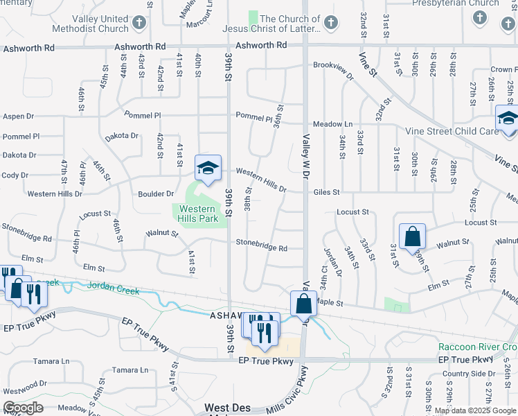 map of restaurants, bars, coffee shops, grocery stores, and more near 3704 Boulder Circle in West Des Moines