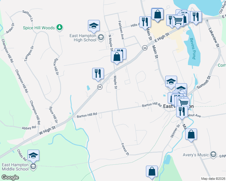 map of restaurants, bars, coffee shops, grocery stores, and more near 11 Maple Street in East Hampton