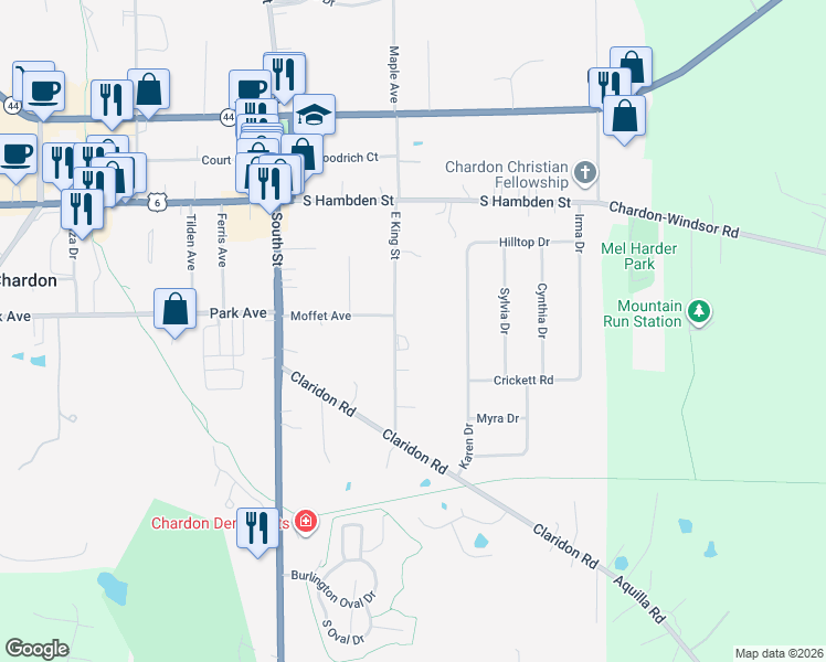 map of restaurants, bars, coffee shops, grocery stores, and more near 315 East King Street in Chardon