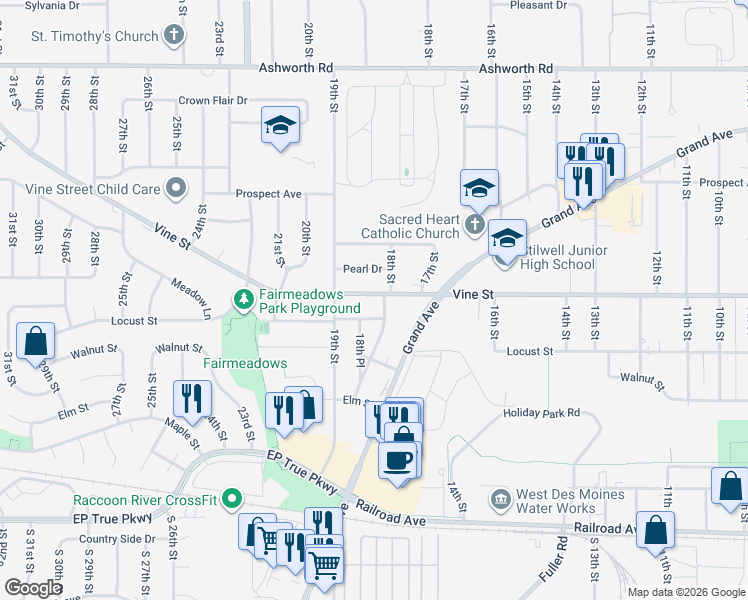 map of restaurants, bars, coffee shops, grocery stores, and more near 1804 Vine Street in West Des Moines
