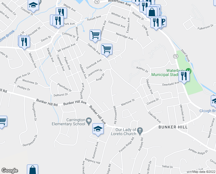 map of restaurants, bars, coffee shops, grocery stores, and more near 177 Whitewood Road in Waterbury