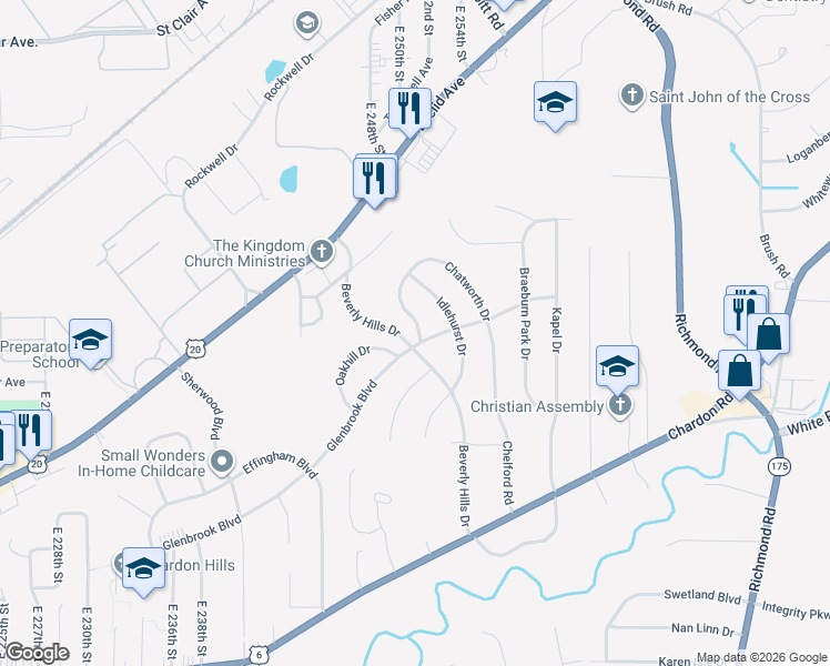 map of restaurants, bars, coffee shops, grocery stores, and more near 25101 Glenbrook Boulevard in Euclid