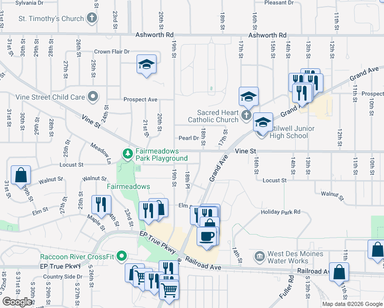 map of restaurants, bars, coffee shops, grocery stores, and more near 1804 Vine Street in West Des Moines