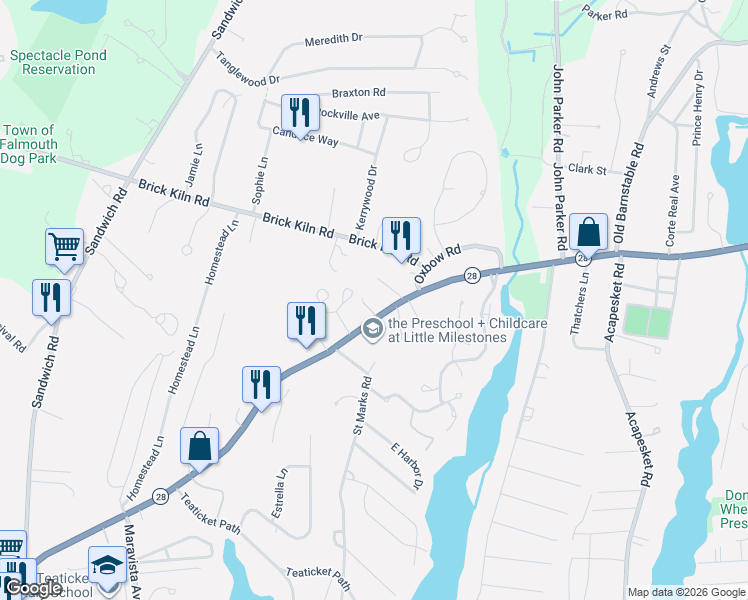 map of restaurants, bars, coffee shops, grocery stores, and more near 836 Teaticket Hwy in Falmouth