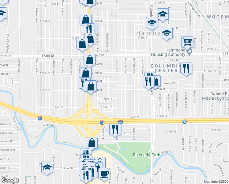 map of restaurants, bars, coffee shops, grocery stores, and more near 936 175th Street in Hammond