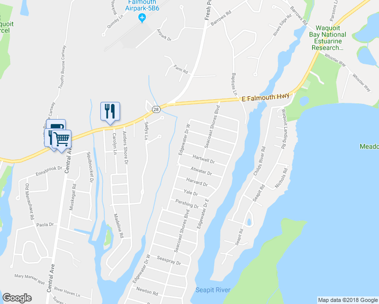 map of restaurants, bars, coffee shops, grocery stores, and more near 10 Hartwell Drive in Falmouth