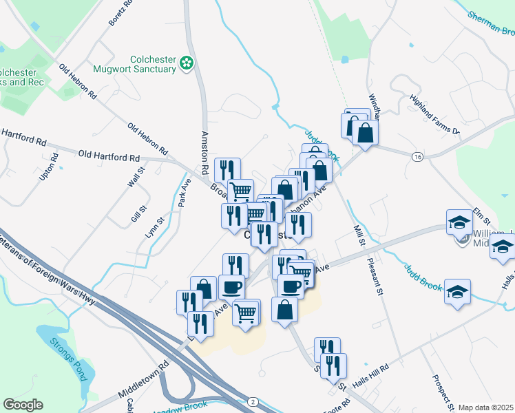 map of restaurants, bars, coffee shops, grocery stores, and more near 36 Broadway Street in Colchester