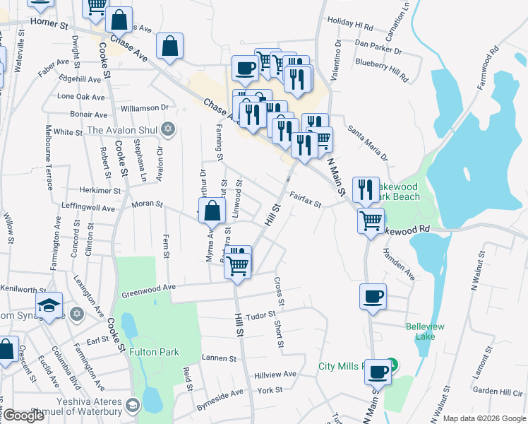 map of restaurants, bars, coffee shops, grocery stores, and more near 556 Hill Street in Waterbury
