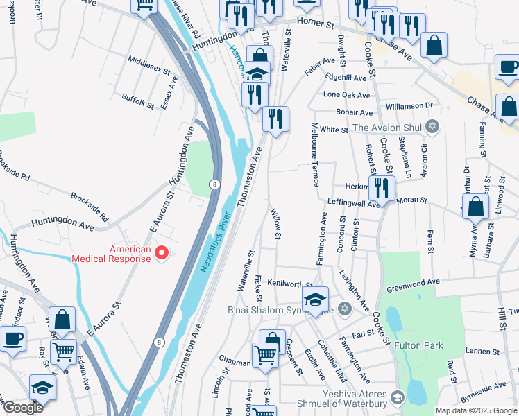 map of restaurants, bars, coffee shops, grocery stores, and more near 718 Willow Street in Waterbury