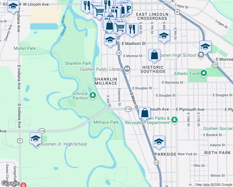 map of restaurants, bars, coffee shops, grocery stores, and more near 713 Emerson Street in Goshen
