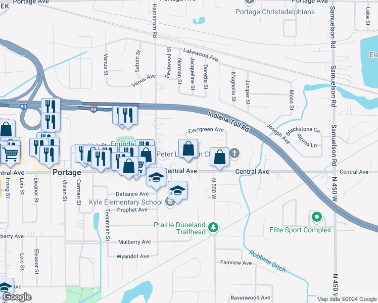 map of restaurants, bars, coffee shops, grocery stores, and more near 2584 Parkview Street in Portage