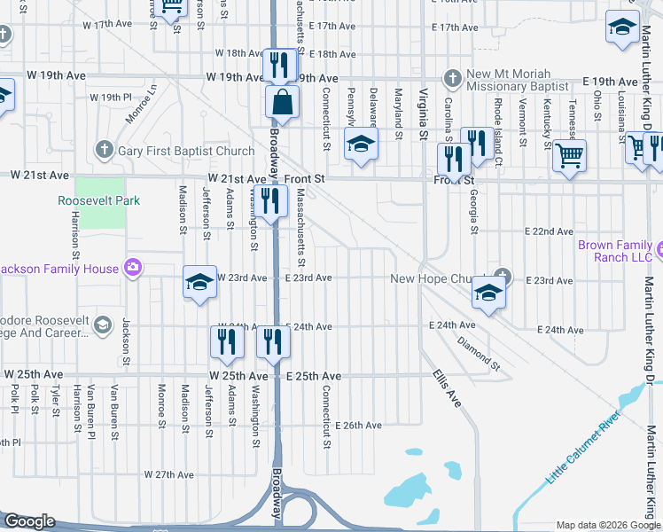 map of restaurants, bars, coffee shops, grocery stores, and more near 2286 Connecticut Street in Gary