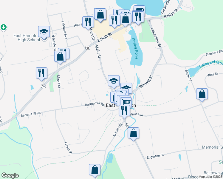 map of restaurants, bars, coffee shops, grocery stores, and more near 56 Main Street in East Hampton