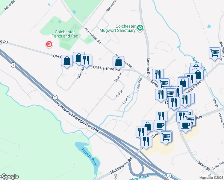 map of restaurants, bars, coffee shops, grocery stores, and more near 111 Wall Street in Colchester