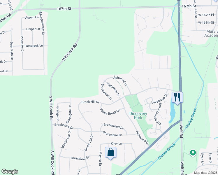 map of restaurants, bars, coffee shops, grocery stores, and more near 17209 Brushwood Lane in Orland Park