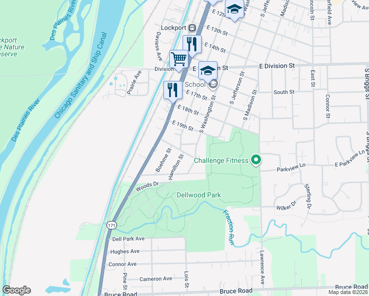 map of restaurants, bars, coffee shops, grocery stores, and more near 218 Daggett Street in Lockport