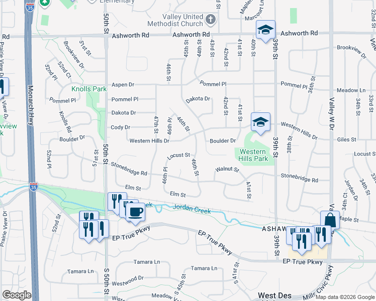map of restaurants, bars, coffee shops, grocery stores, and more near 4601 Locust Street in West Des Moines