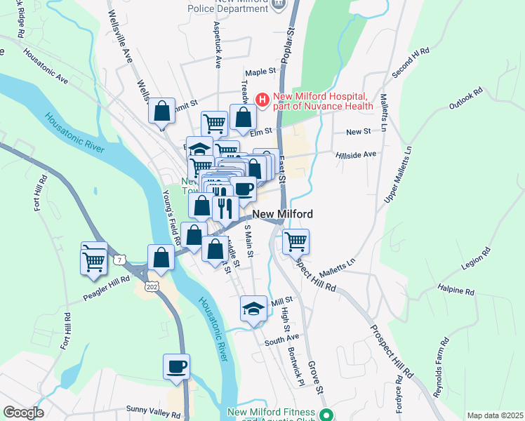 map of restaurants, bars, coffee shops, grocery stores, and more near 2A Main Street in New Milford