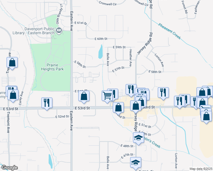 map of restaurants, bars, coffee shops, grocery stores, and more near 5638 Belle Court in Davenport