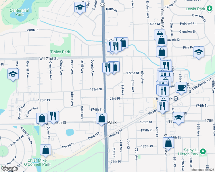 map of restaurants, bars, coffee shops, grocery stores, and more near 17300 South Harlem Avenue in Tinley Park