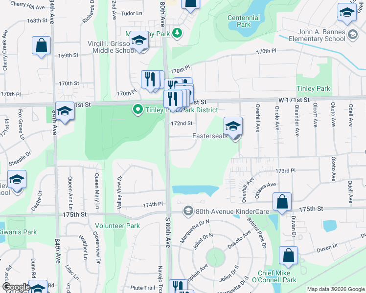 map of restaurants, bars, coffee shops, grocery stores, and more near 7916 Dooneen Avenue in Tinley Park