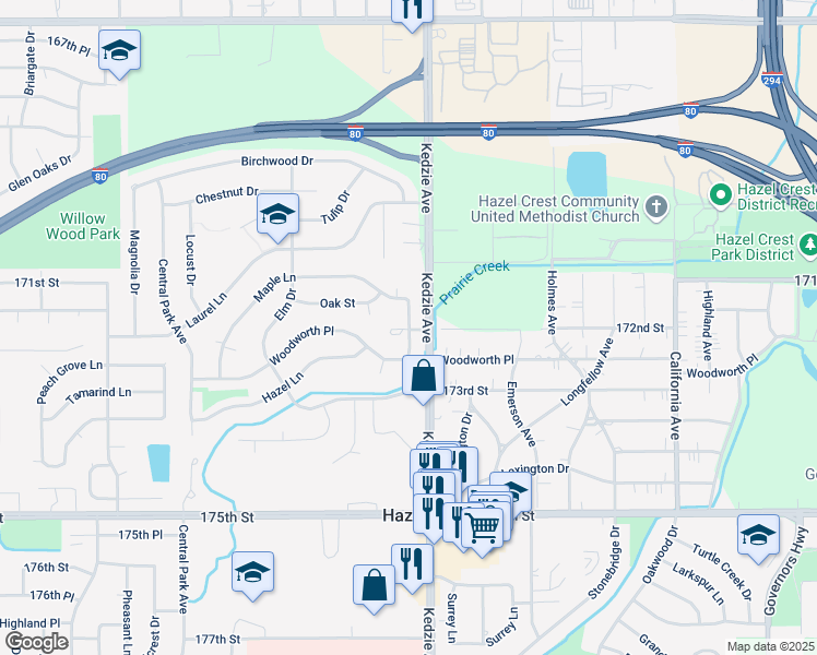 map of restaurants, bars, coffee shops, grocery stores, and more near in Hazel Crest