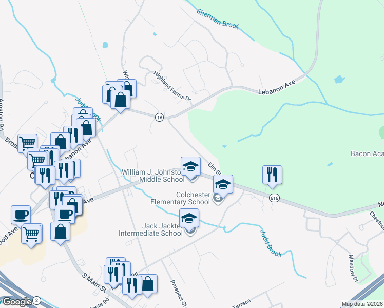map of restaurants, bars, coffee shops, grocery stores, and more near 104 Elm Street in Colchester