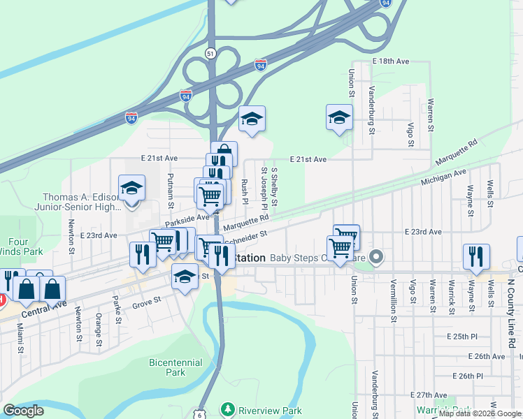 map of restaurants, bars, coffee shops, grocery stores, and more near 3840 Marquette Road in Gary