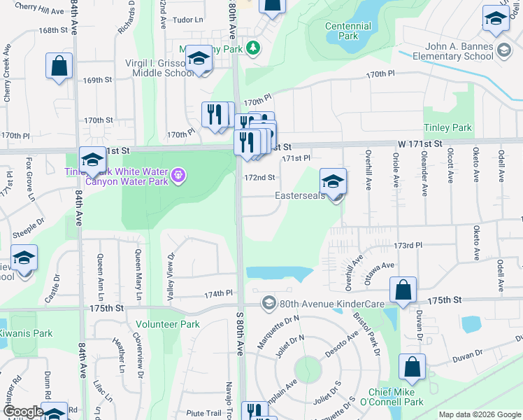 map of restaurants, bars, coffee shops, grocery stores, and more near 7916 Dooneen Avenue in Tinley Park