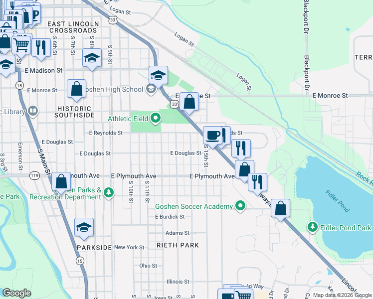 map of restaurants, bars, coffee shops, grocery stores, and more near 1102 E Douglas St in Goshen
