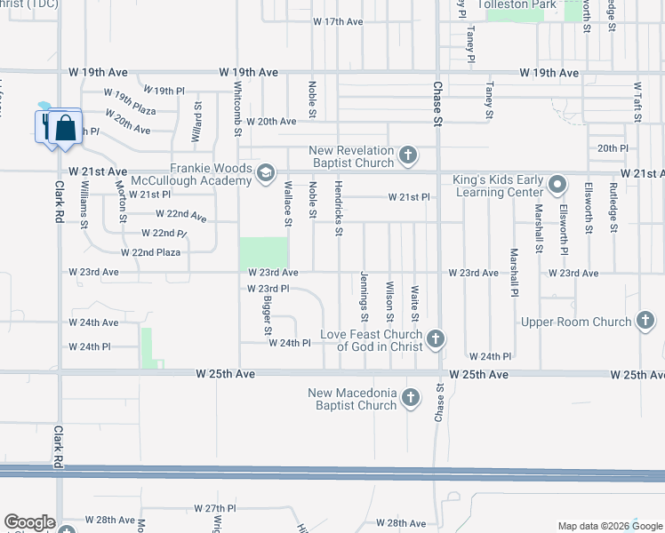map of restaurants, bars, coffee shops, grocery stores, and more near 3501-3699 W 23rd Ave in Gary