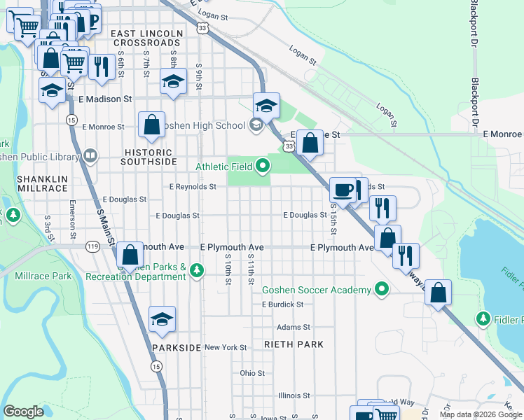 map of restaurants, bars, coffee shops, grocery stores, and more near 816 East Douglas Street in Goshen