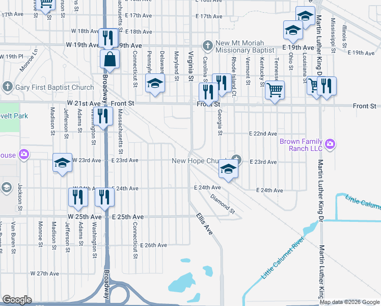 map of restaurants, bars, coffee shops, grocery stores, and more near 2272 Virginia Street in Gary