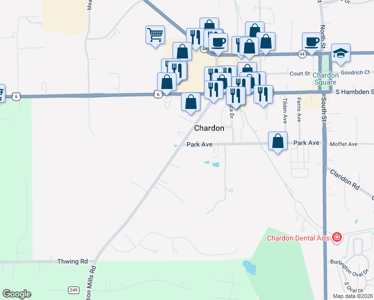 map of restaurants, bars, coffee shops, grocery stores, and more near 391 Park Avenue in Chardon