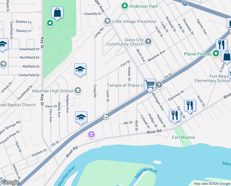 map of restaurants, bars, coffee shops, grocery stores, and more near 1017 Scribner Street in Maumee