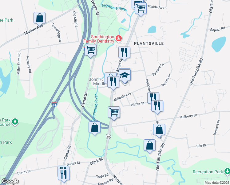 map of restaurants, bars, coffee shops, grocery stores, and more near 1101 South Main Street in Meriden