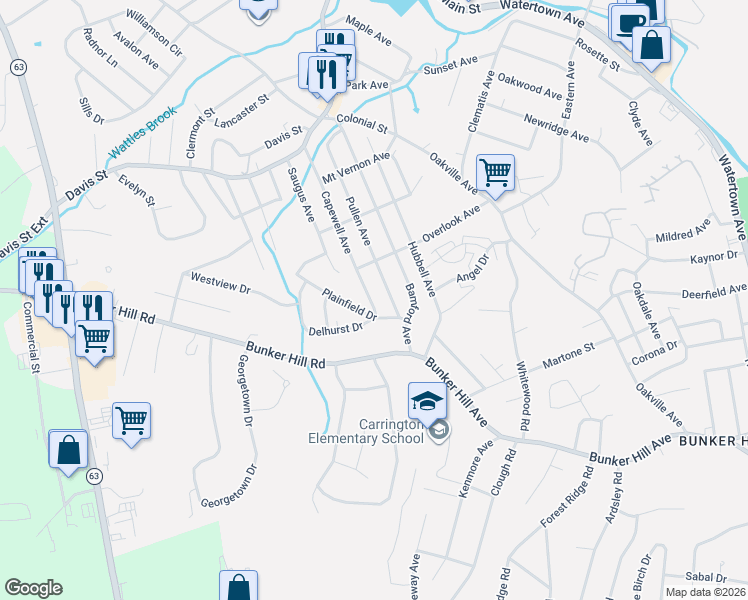map of restaurants, bars, coffee shops, grocery stores, and more near 72 Plainfield Drive in Waterbury