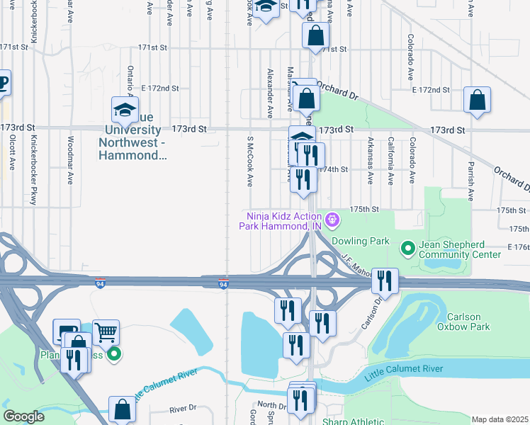map of restaurants, bars, coffee shops, grocery stores, and more near 7504 Alexander Avenue in Hammond
