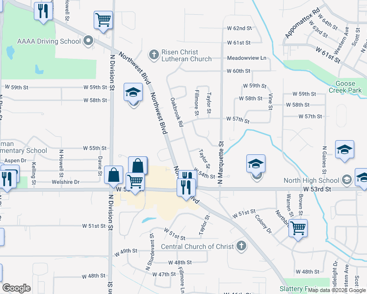 map of restaurants, bars, coffee shops, grocery stores, and more near 5510 Oakbrook Road in Davenport