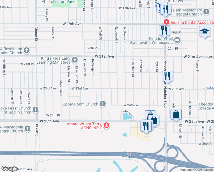map of restaurants, bars, coffee shops, grocery stores, and more near 2228-2248 West 23rd Avenue in Gary