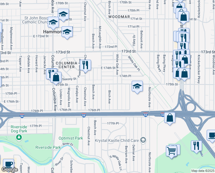 map of restaurants, bars, coffee shops, grocery stores, and more near 7518 Birch Avenue in Hammond