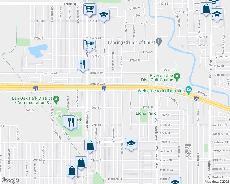 map of restaurants, bars, coffee shops, grocery stores, and more near 17503 Community Street in Lansing