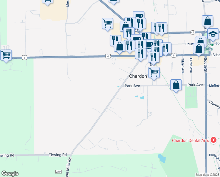 map of restaurants, bars, coffee shops, grocery stores, and more near 318 Wilson Mills Road in Chardon