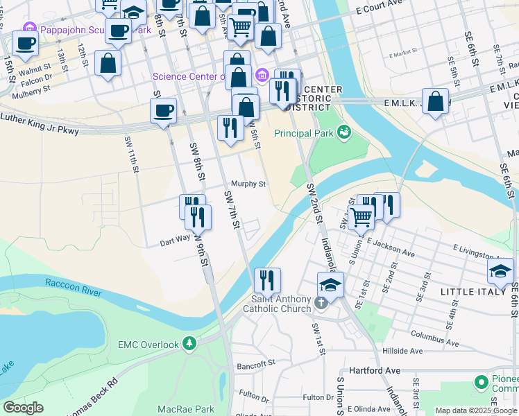 map of restaurants, bars, coffee shops, grocery stores, and more near 535 Southwest 7th Street in Des Moines